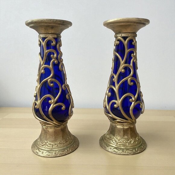 Pair of 10" Cobalt Blue Glass Candle Holders with Brass Filigree Design - Picture 1 of 7